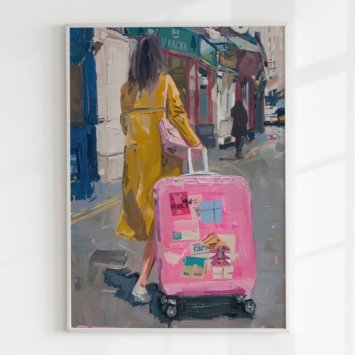 Woman Pink Luggage Travel Stickers City Street Wanderlust Art Poster - Image 5