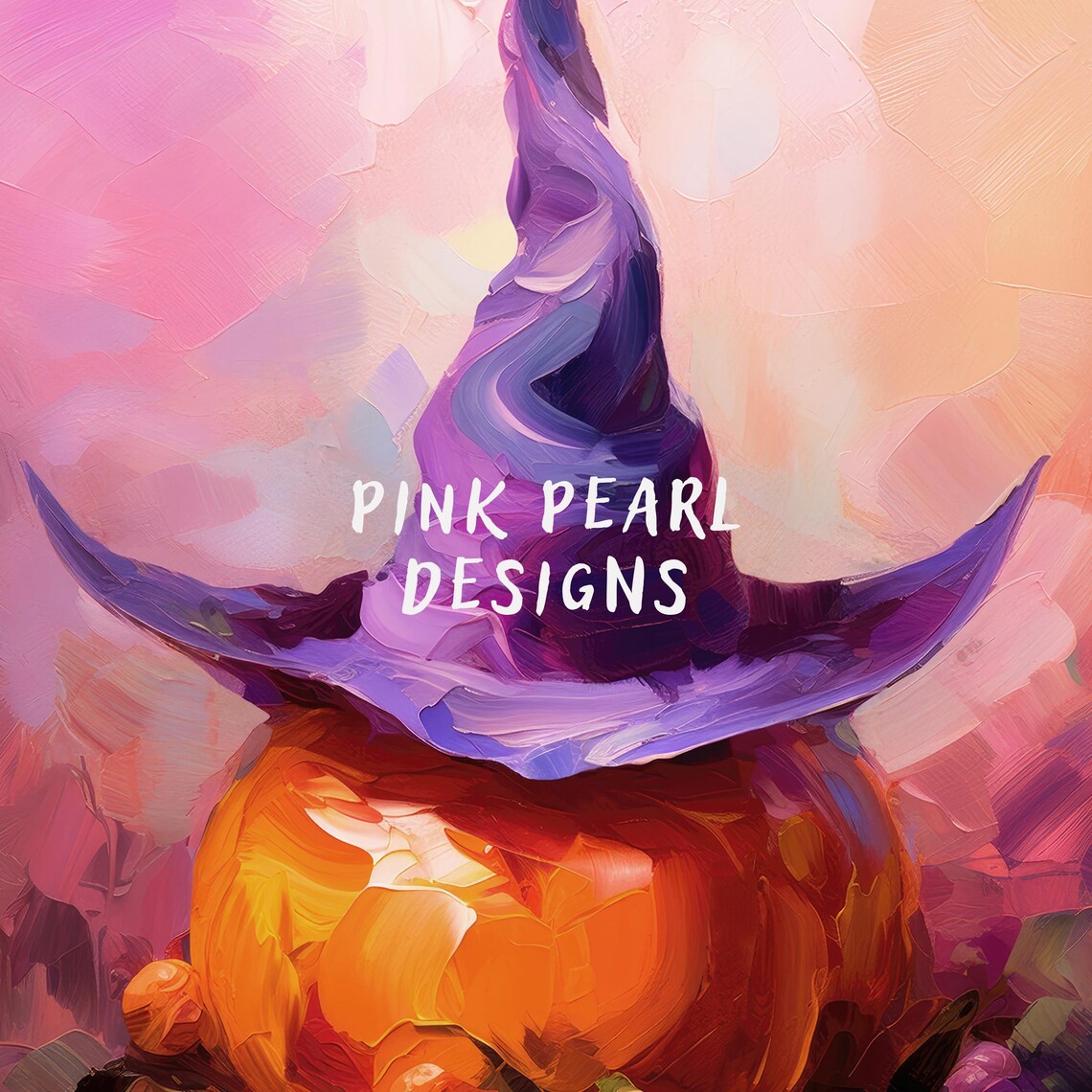 Purple Witch Hat on Orange Pumpkin Halloween Fall Oil Painting Poster - Image 6