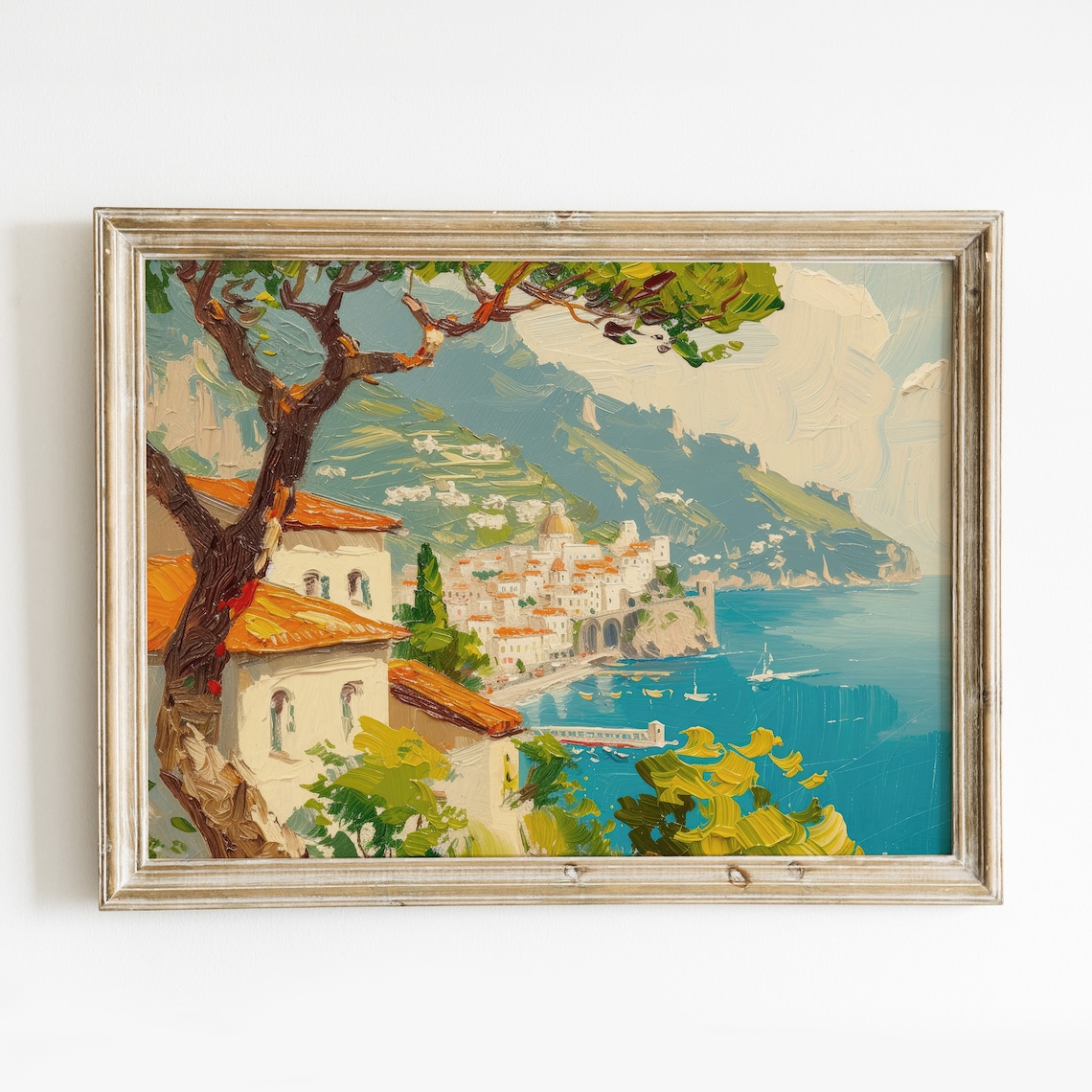 Amalfi Coast Town Domed Church Red Roofs Blue Sea Travel Poster