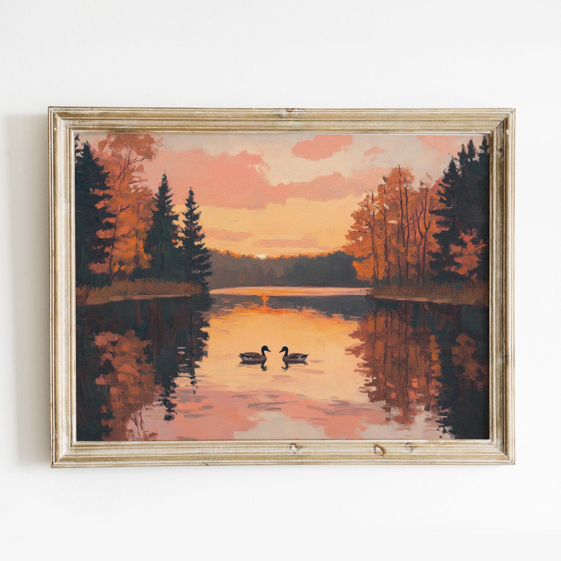 Autumn Lake Sunset Two Ducks Swimming Golden Trees Wall Art Print