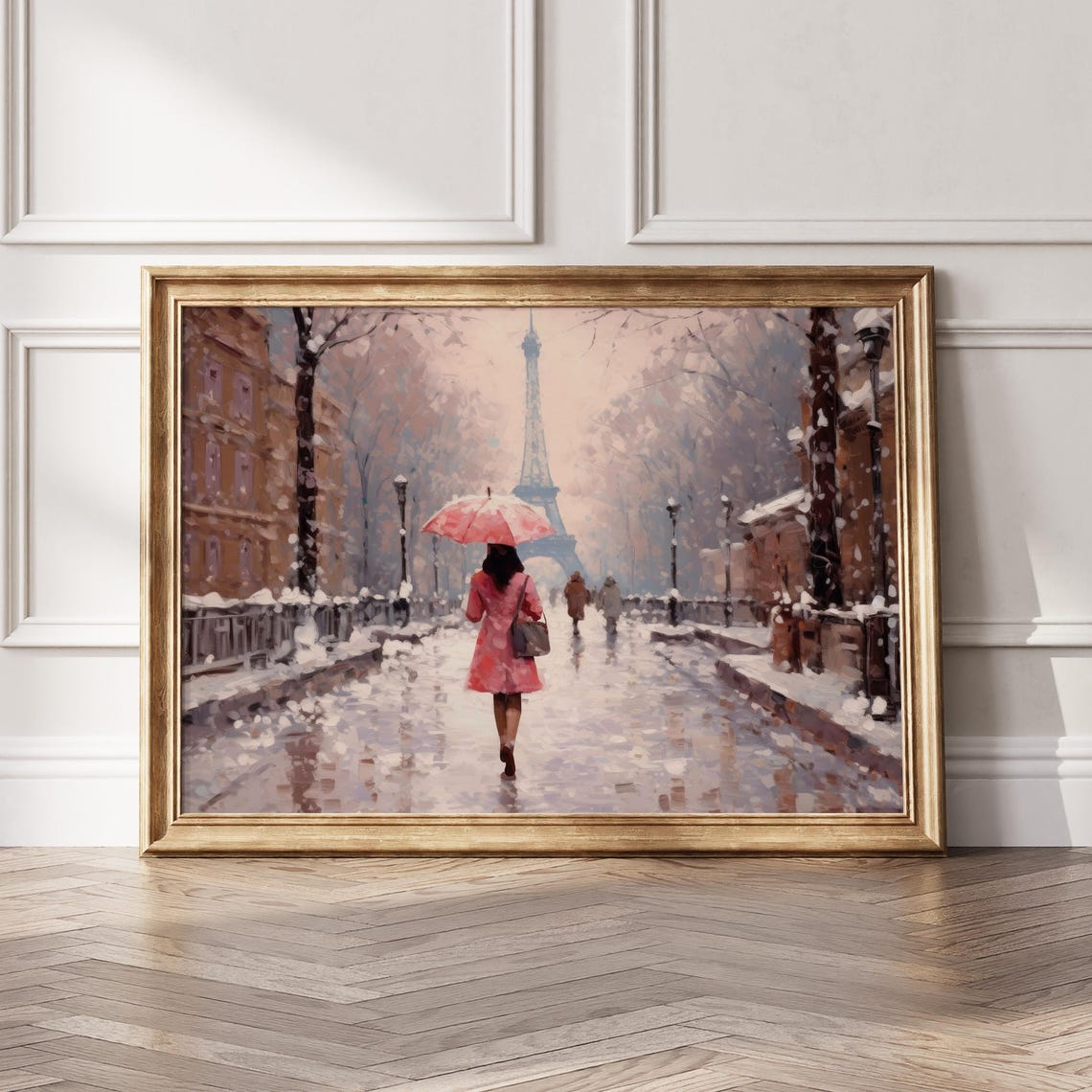 Paris Snowy Street Pink Umbrella Eiffel Tower Winter Walk Art Poster - Image 6
