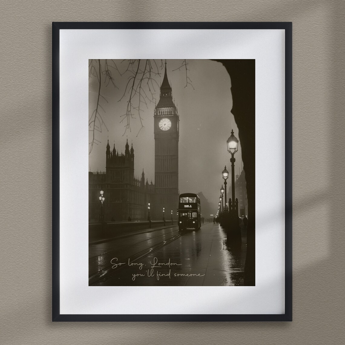 London Big Ben Moody Black and White Bus Night Song Lyrics Poster - Image 5