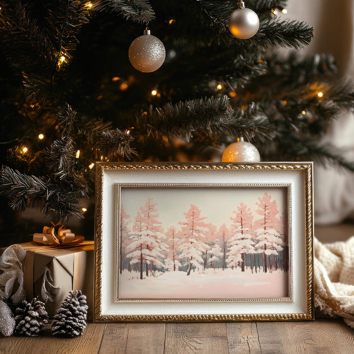 Blush Pink Pine Forest Snowy Winter Landscape Wall Art Poster - Image 5