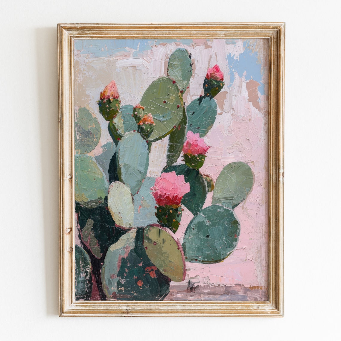 Prickly Pear Cactus Pink Blossoms Desert Botanical Oil Art Poster