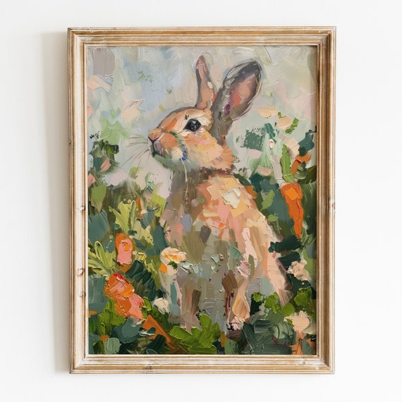 Cute Bunny Wall Art Rustic Rabbit Prints Vintage Room Decor Girly Spring Painting Trendy Spring Wall Art