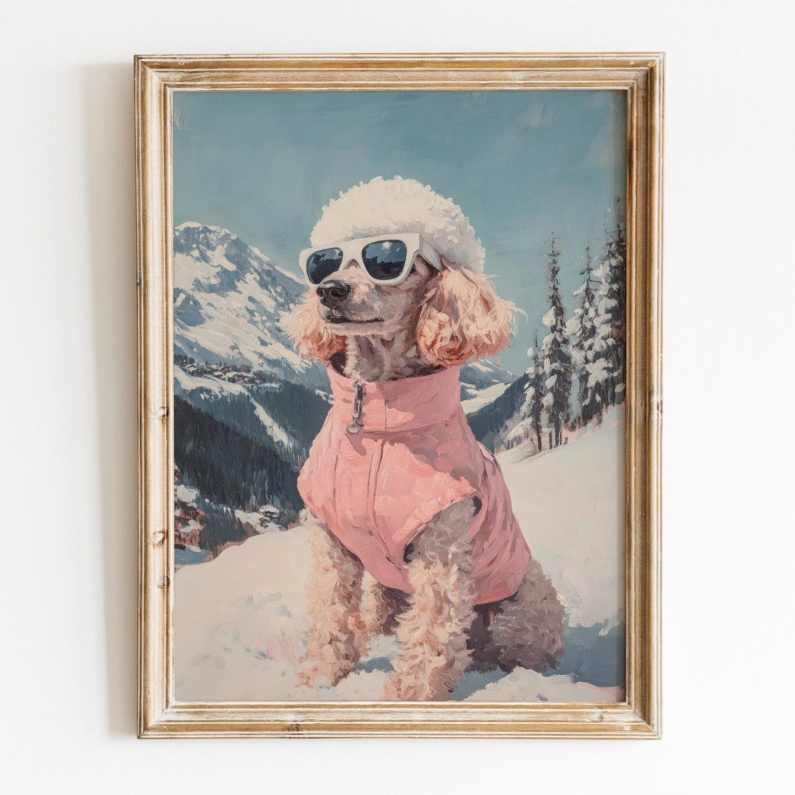 Cool Poodle In Sunglasses Pink Ski Jacket Mountain Art Poster