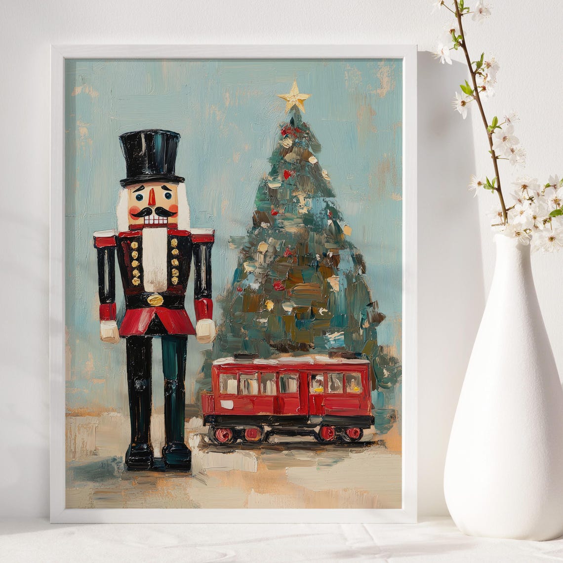 Retro Nutcracker Toy Soldier With Train Christmas Art Poster