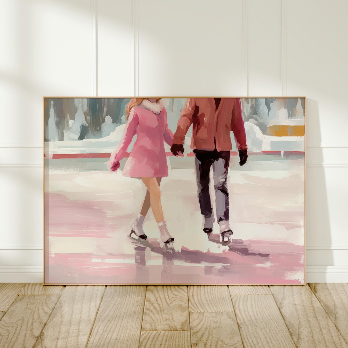 Sweet Pink Couple Ice Skating Holding Hands Winter Wall Art Print - Image 6