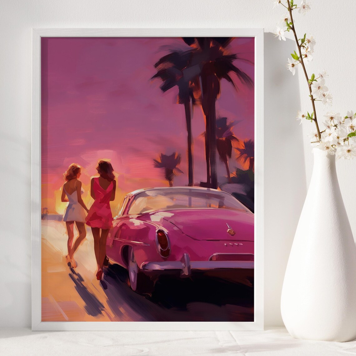 Palm Springs Sunset Magenta Pink Vintage Car Women Wall Art Print - Image 6
