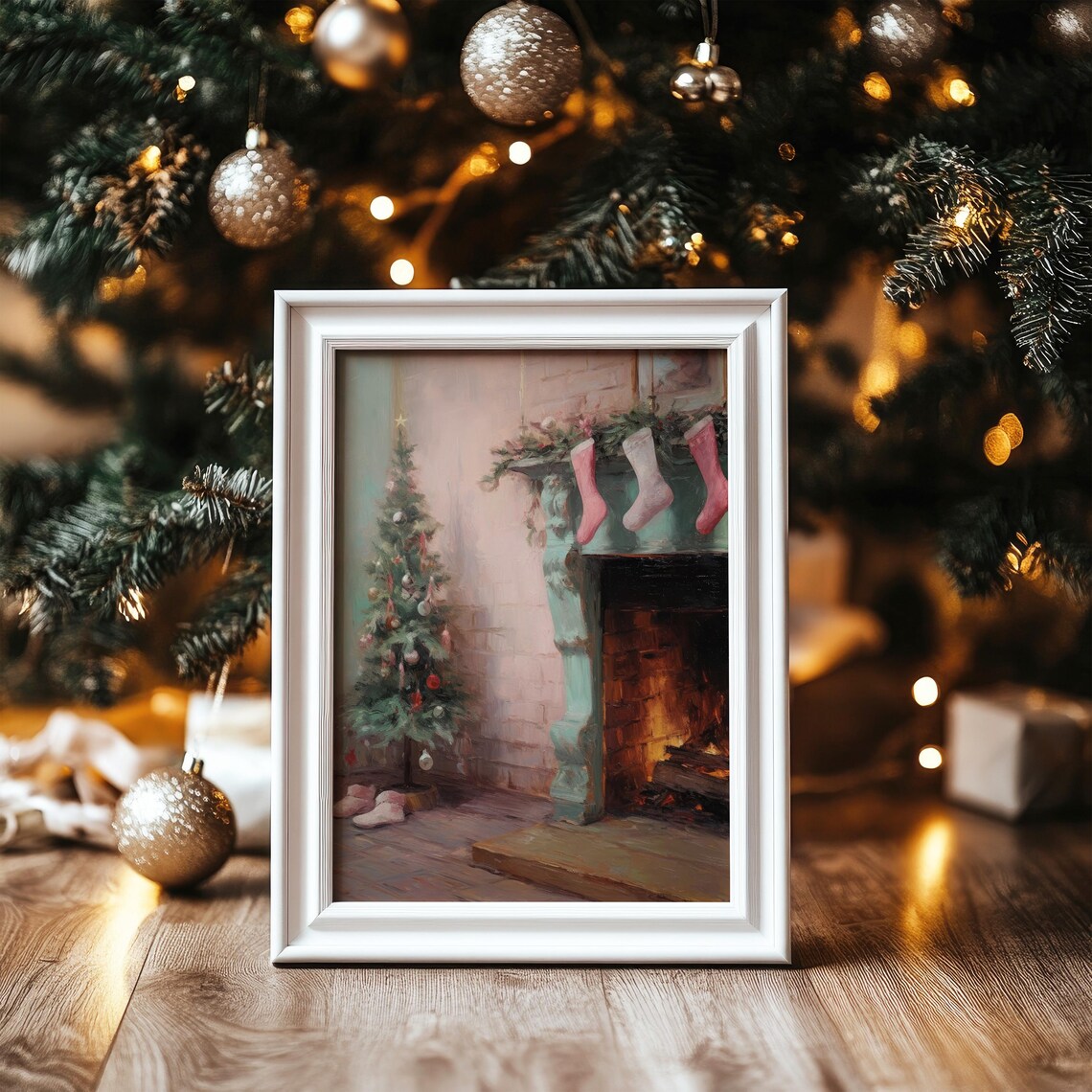 Moody Fireplace Pink Stockings Christmas Tree Holiday Poster - Image 5