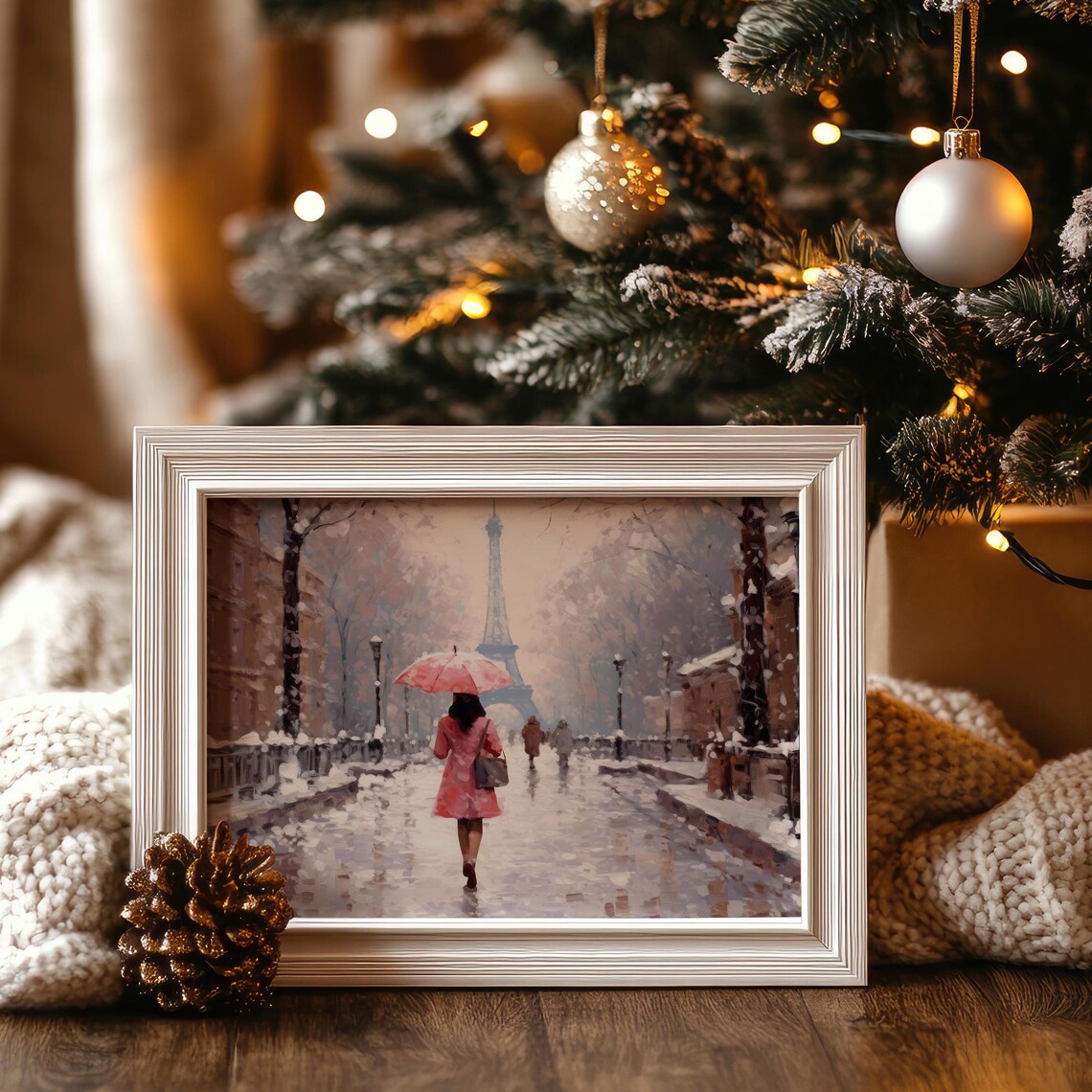 Paris Snowy Street Pink Umbrella Eiffel Tower Winter Walk Art Poster