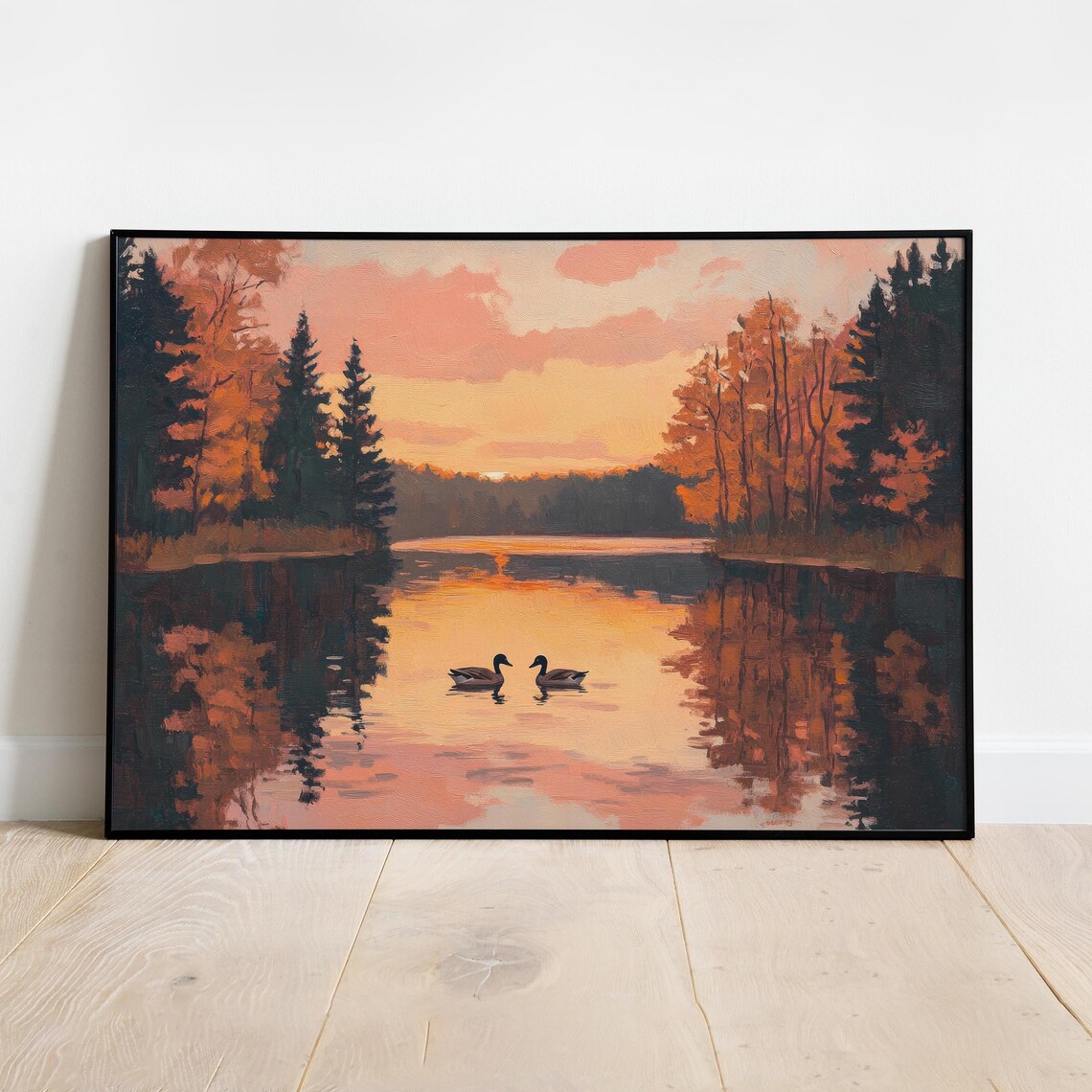 Autumn Lake Sunset Two Ducks Swimming Golden Trees Wall Art Print - Image 4