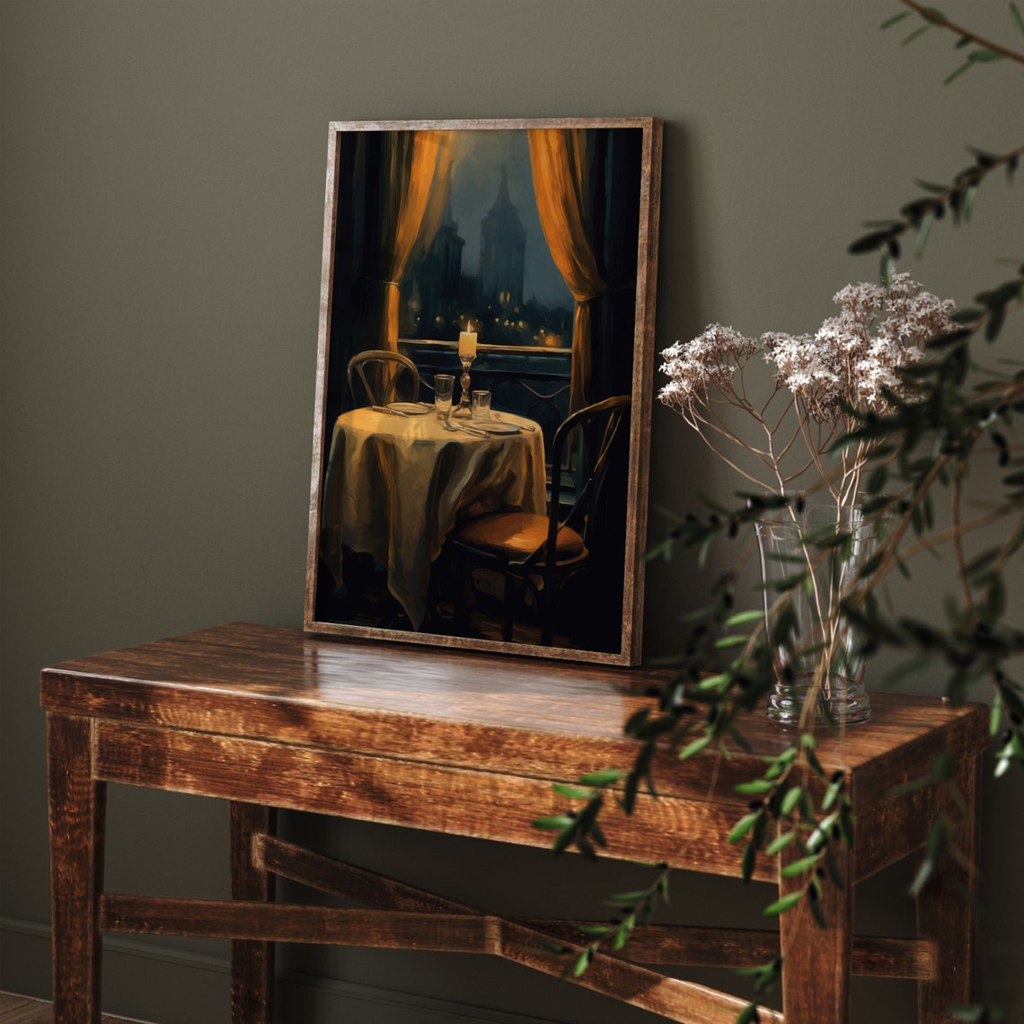 Romantic Candlelit Dinner Table Night City Window Vintage Oil Print - Image 4