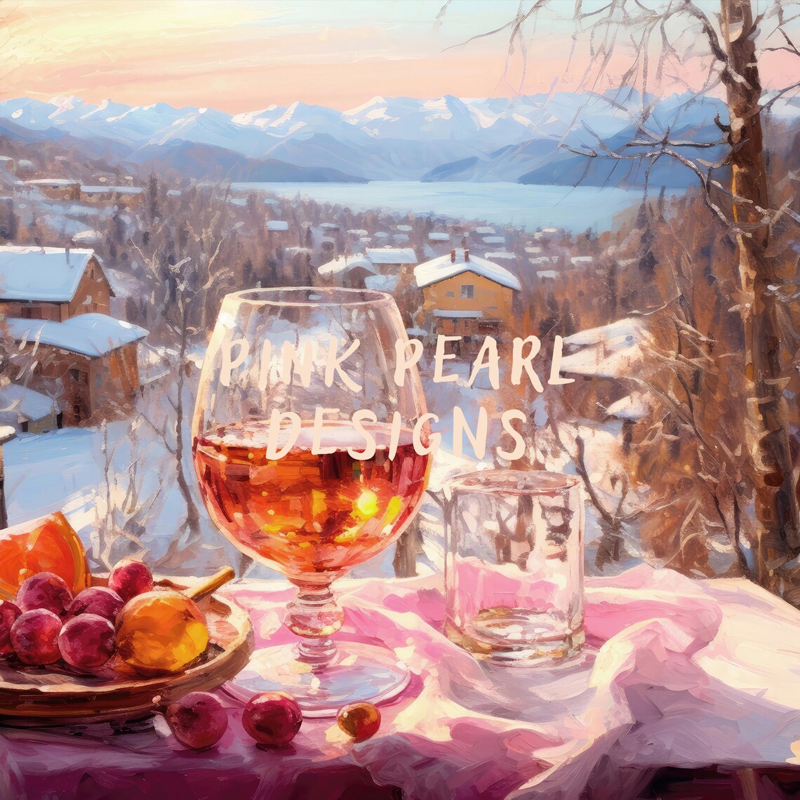 Mulled Wine Glass Over Alpine Lake Village Sunset Art Poster - Image 2