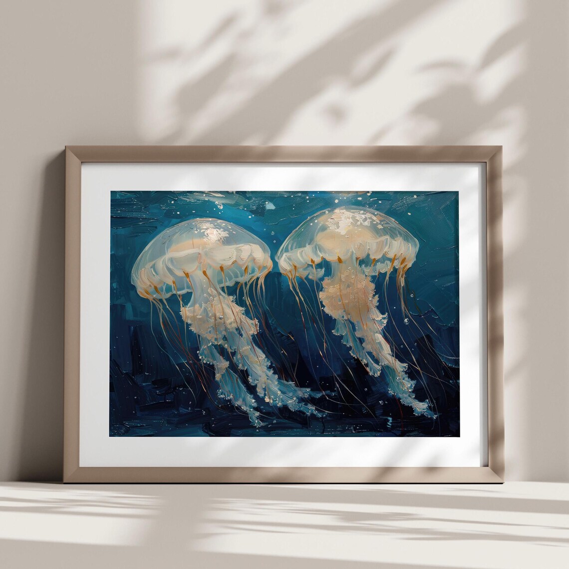 Two White Jellyfish Deep Blue Sea Underwater Oil Painting Art Print - Image 4