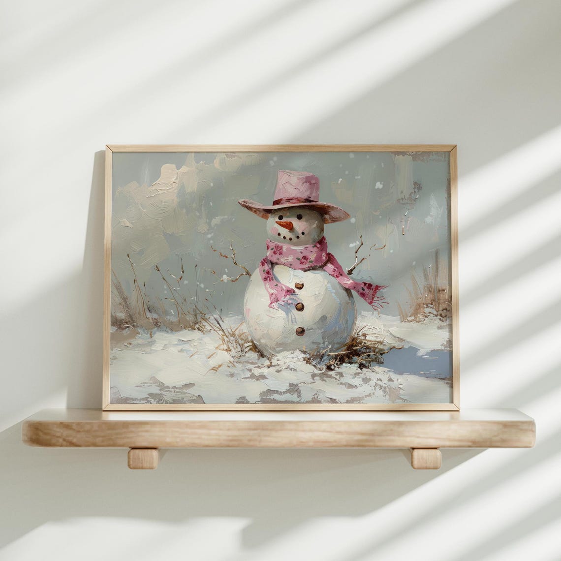 Snowman With Pink Cowboy Hat Scarf Winter Western Art Poster