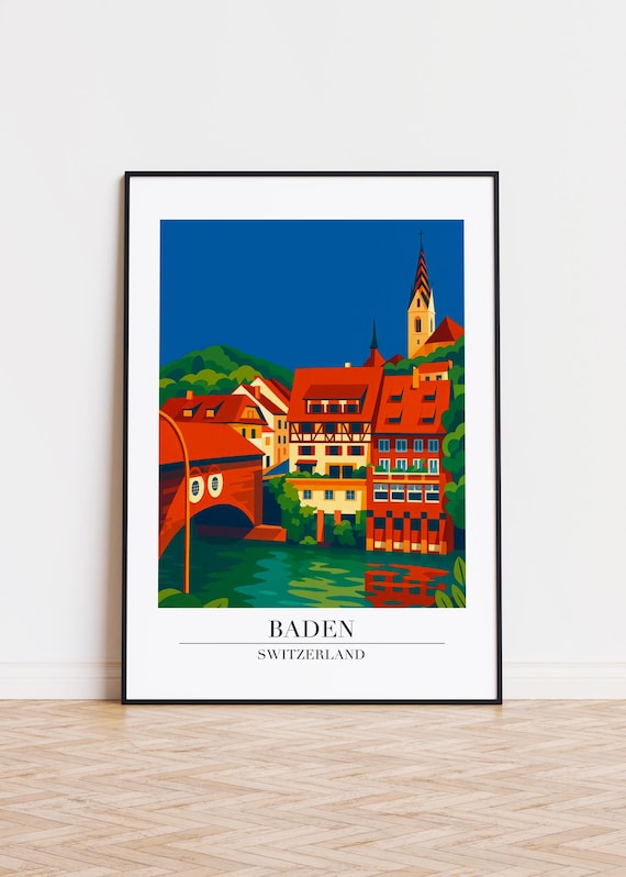 Baden Switzerland Covered Bridge Riverside Old Town Travel Poster