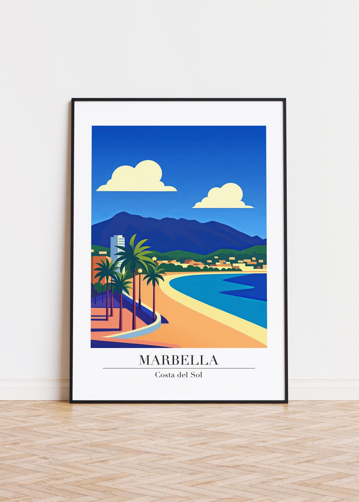 Marbella Costa del Sol Spain Retro Curved Beach Palm Trees Poster