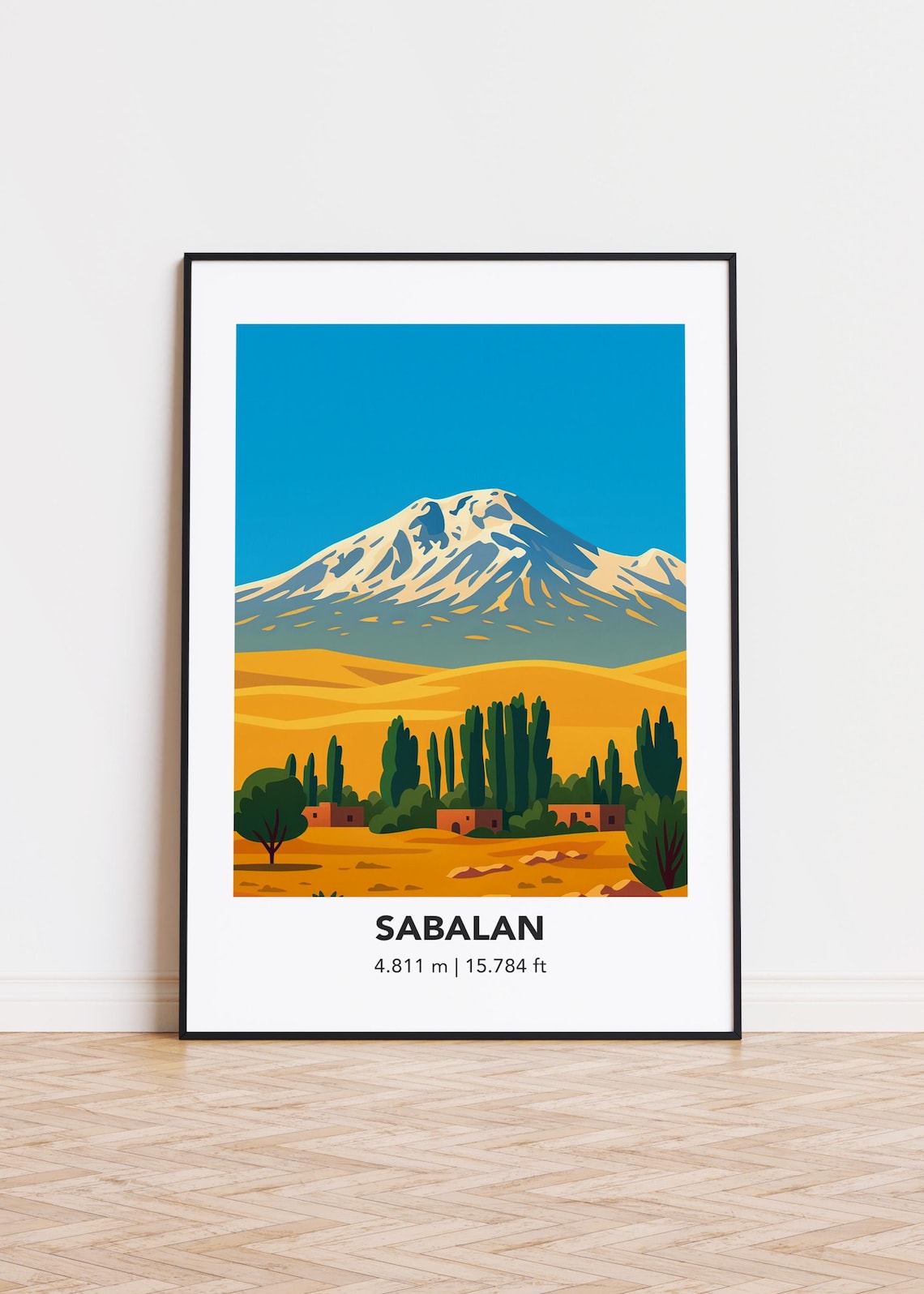 Sabalan Snowy Dome Desert Mountain Village Illustration Poster
