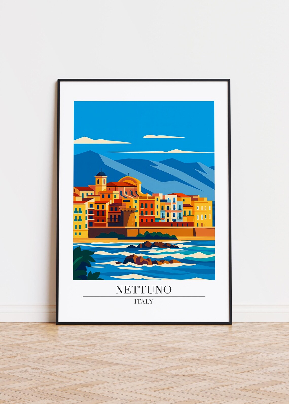Nettuno Italy Seaside Old Town Retro Travel Illustration Poster