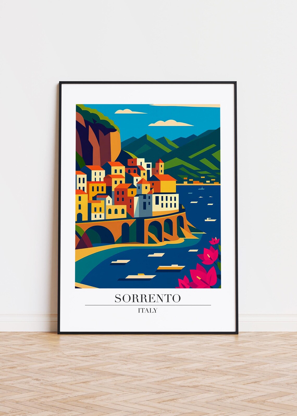 Sorrento Italy Cliffside Town Over Blue Bay Vintage Travel Poster