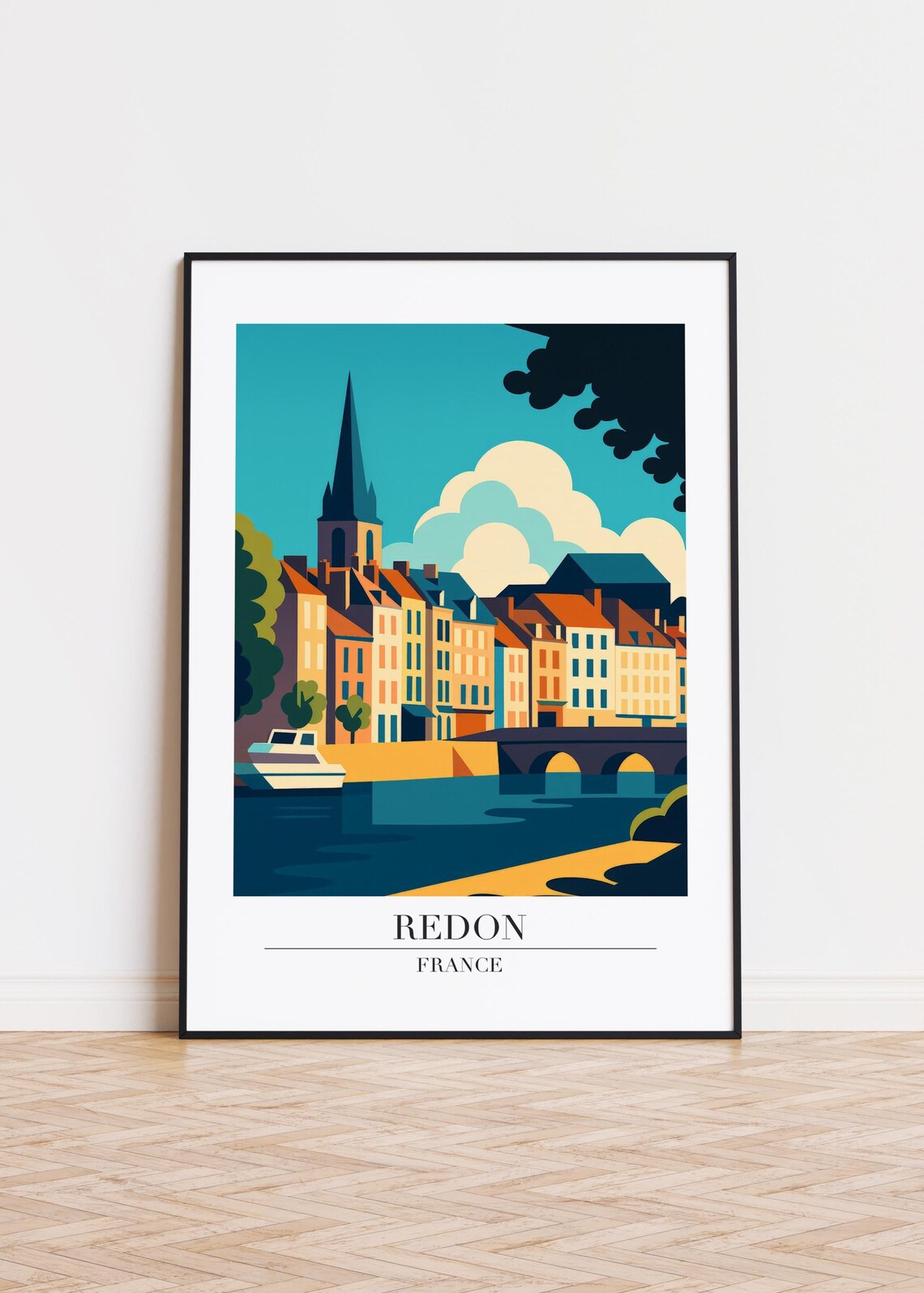 Redon France Riverside Town with Church Spire Travel Art Poster