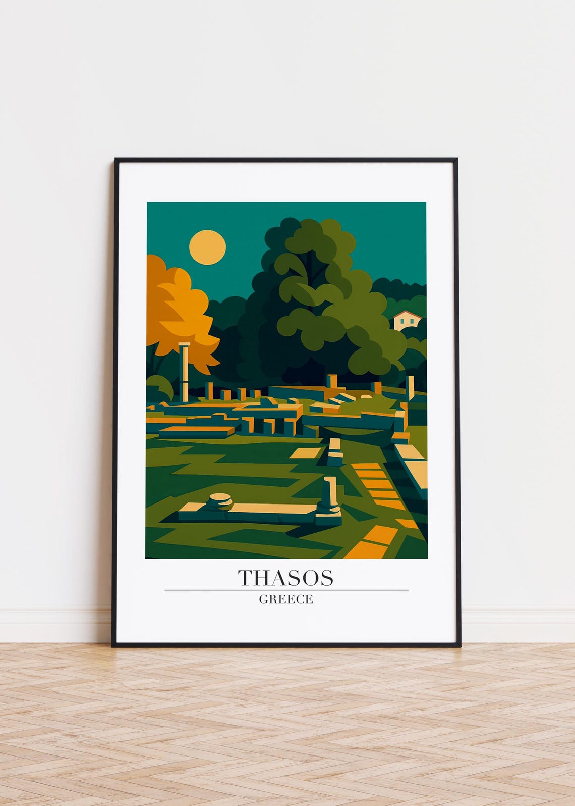 Thasos Greece Ancient Ruins Columns Night Sun Illustration Poster