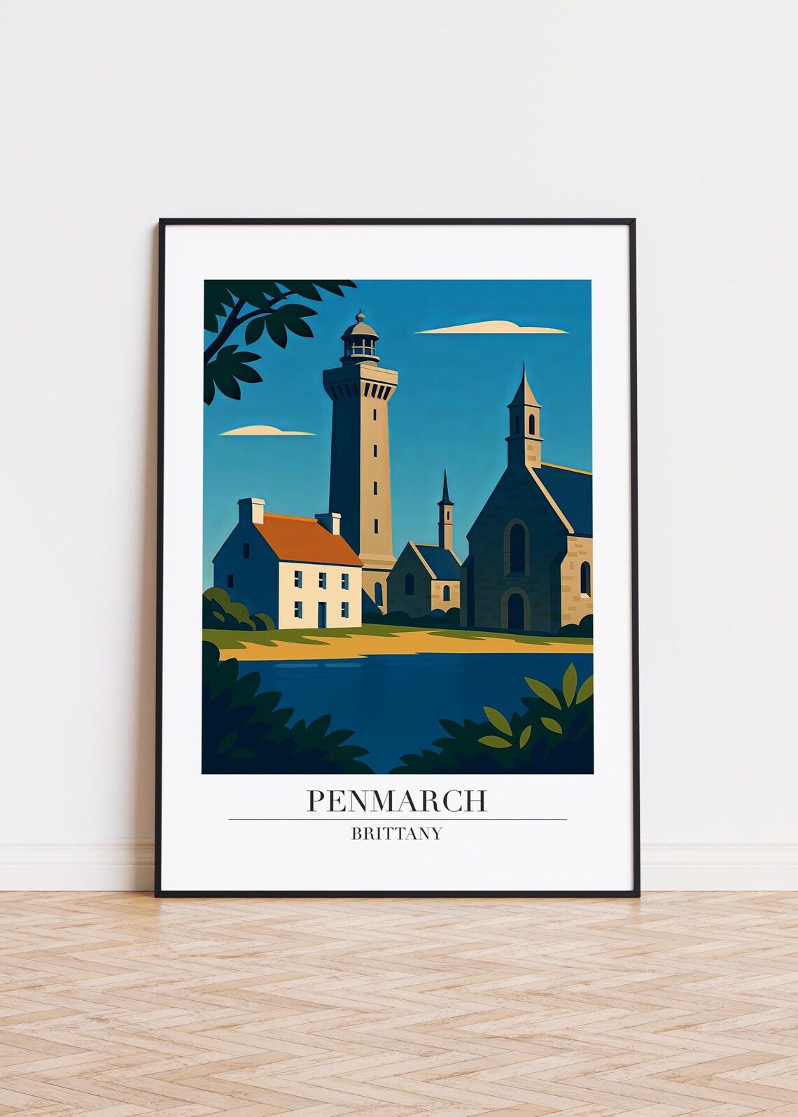 Penmarch Brittany France Lighthouse Stone Church Retro Travel Poster