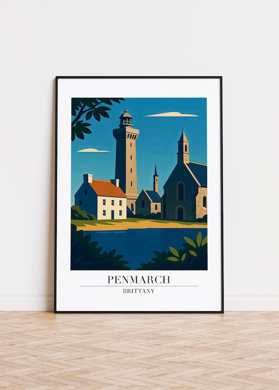 Penmarch Brittany France Lighthouse Stone Church Retro Travel Poster
