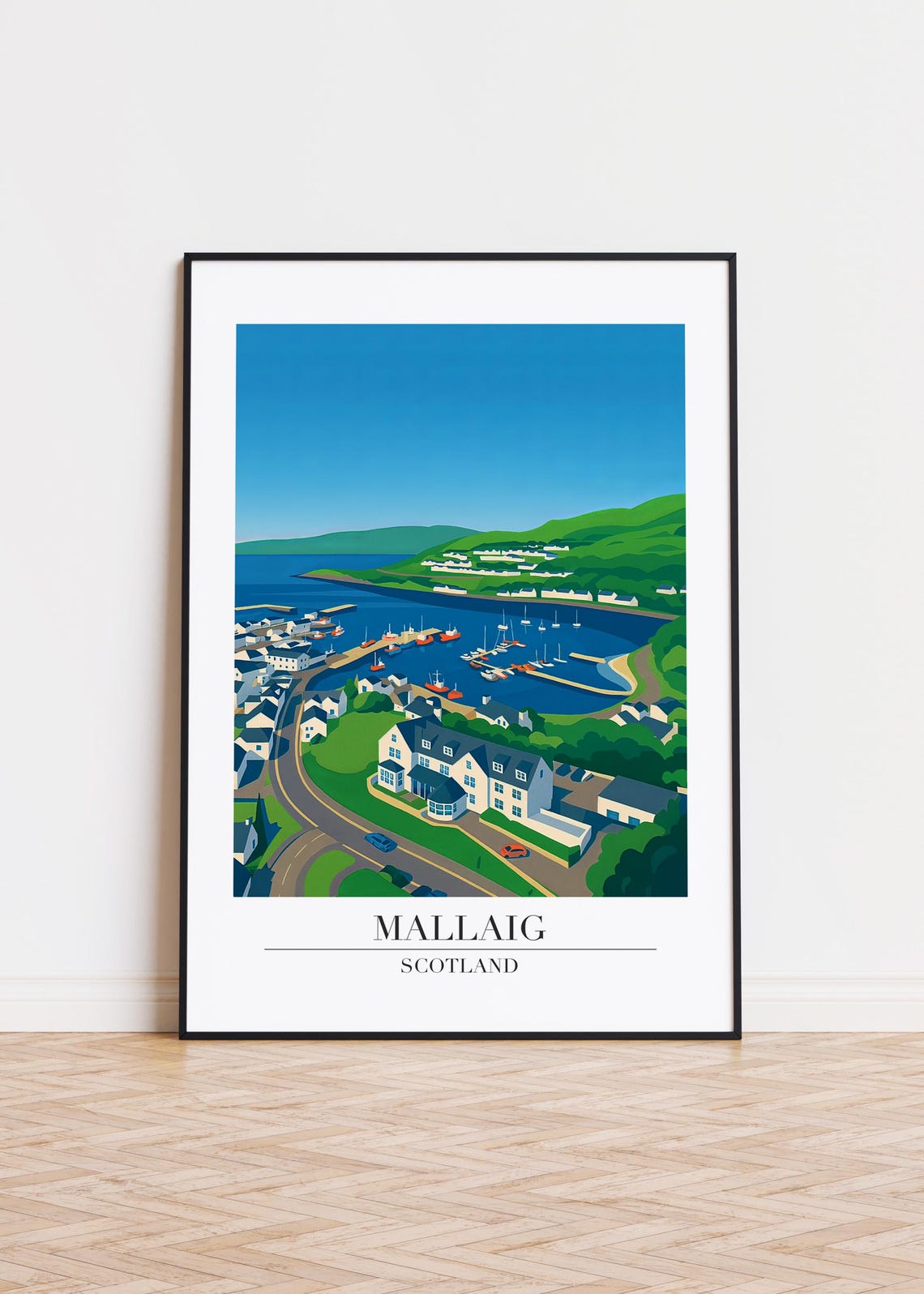 Mallaig Scotland Coastal Harbor Boats Modern Travel Art Poster