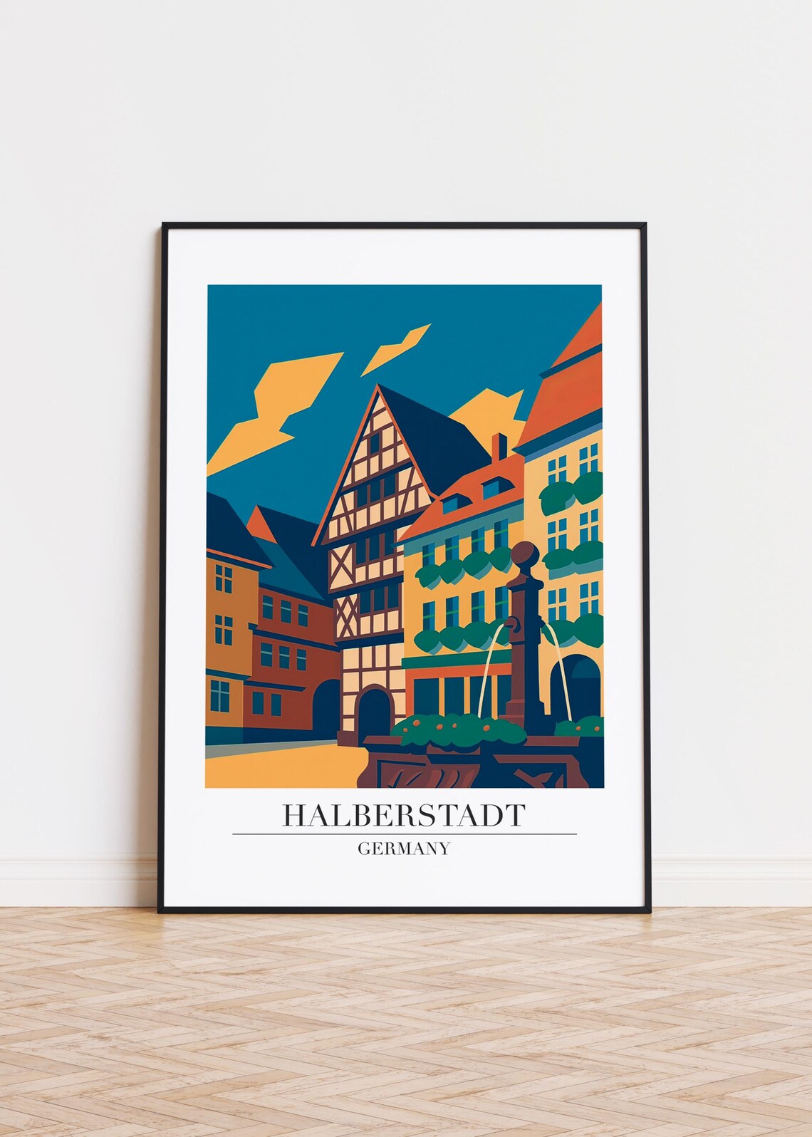 Halberstadt Germany Half Timbered Square Vintage Travel Poster