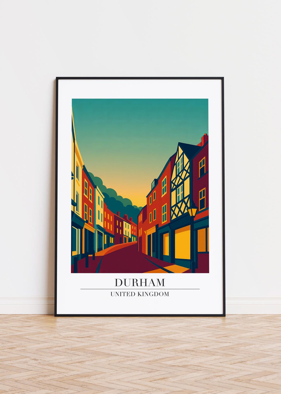 Durham United Kingdom Old Street Sunset Glow Retro Travel Poster