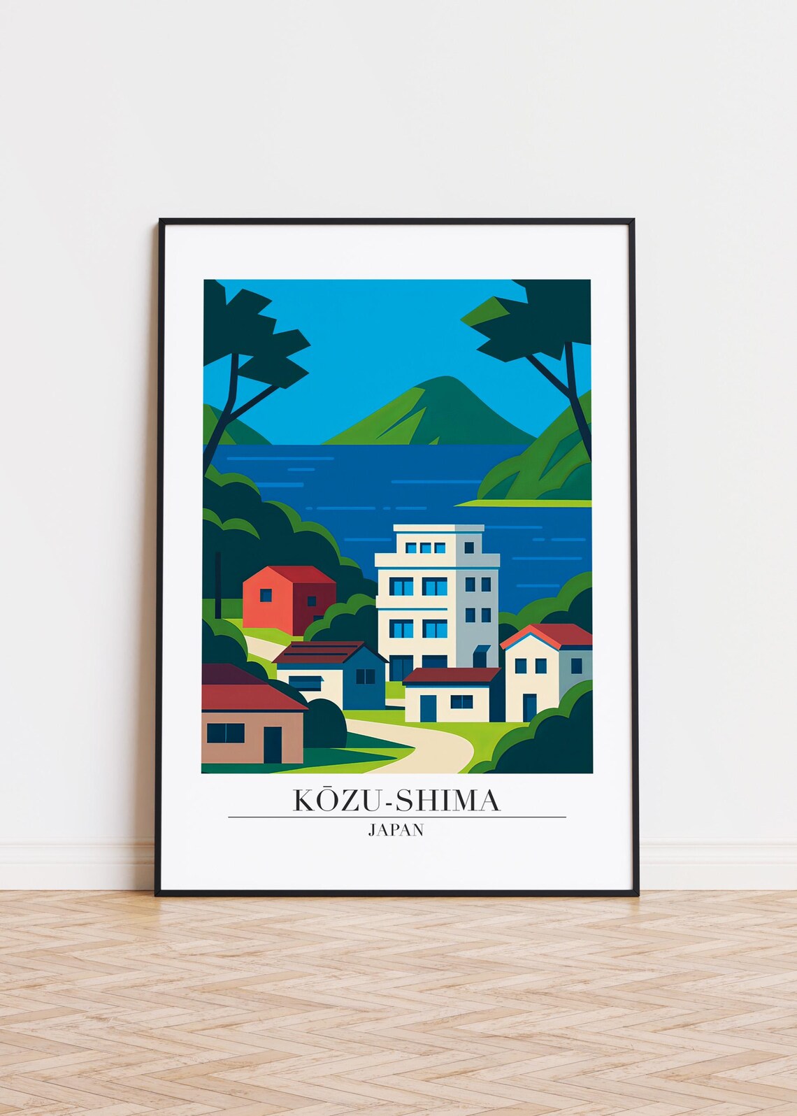 Kōzu-shima Japan Coastal Village Bay Houses Modern Travel Poster