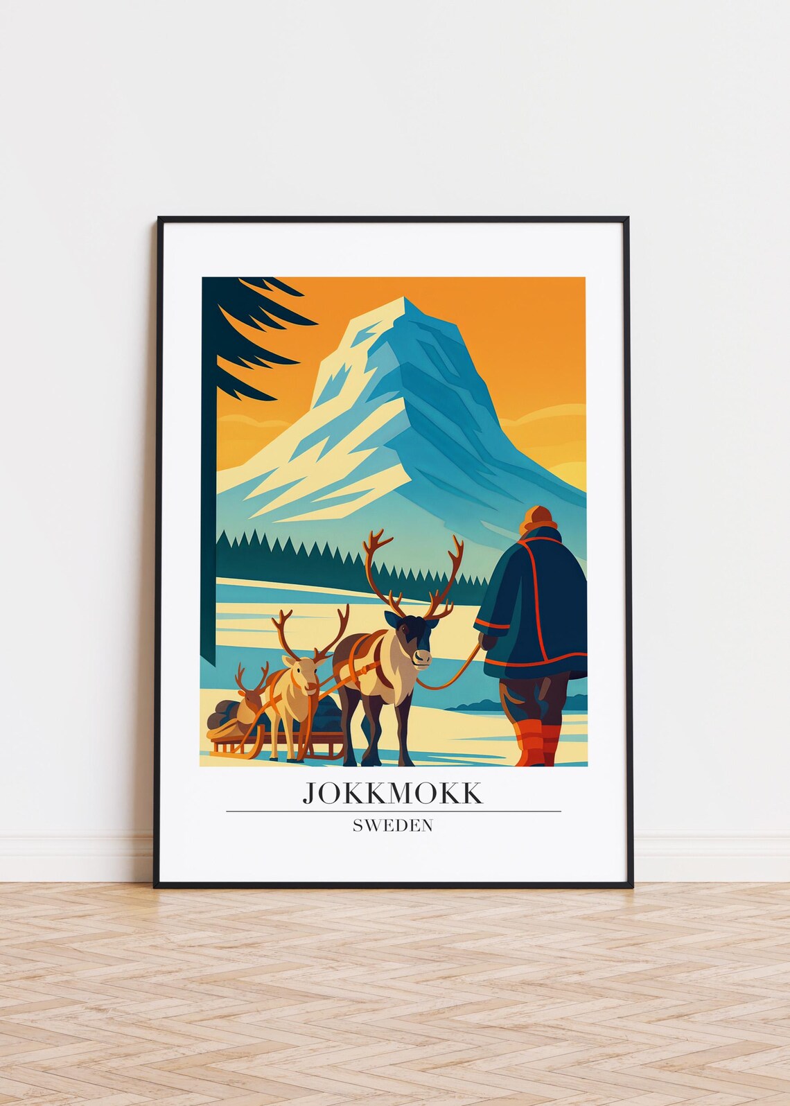 Jokkmokk Sweden Reindeer Sled Team Winter Mountain Travel Poster