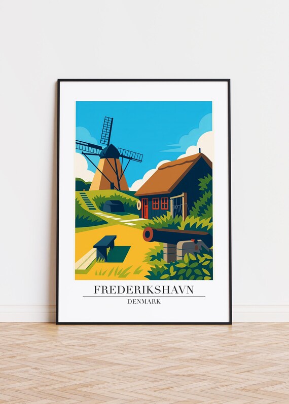 Frederikshavn Denmark Windmill Thatched Cottage Coastal Poster Art