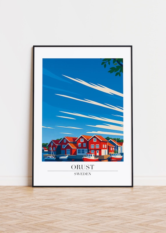 Orust Sweden Red Boathouses Fishing Boats Harbor Travel Poster
