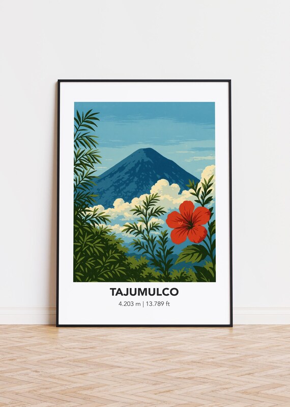 Tajumulco Volcano Tropical Peak Illustrated Central America Travel Poster