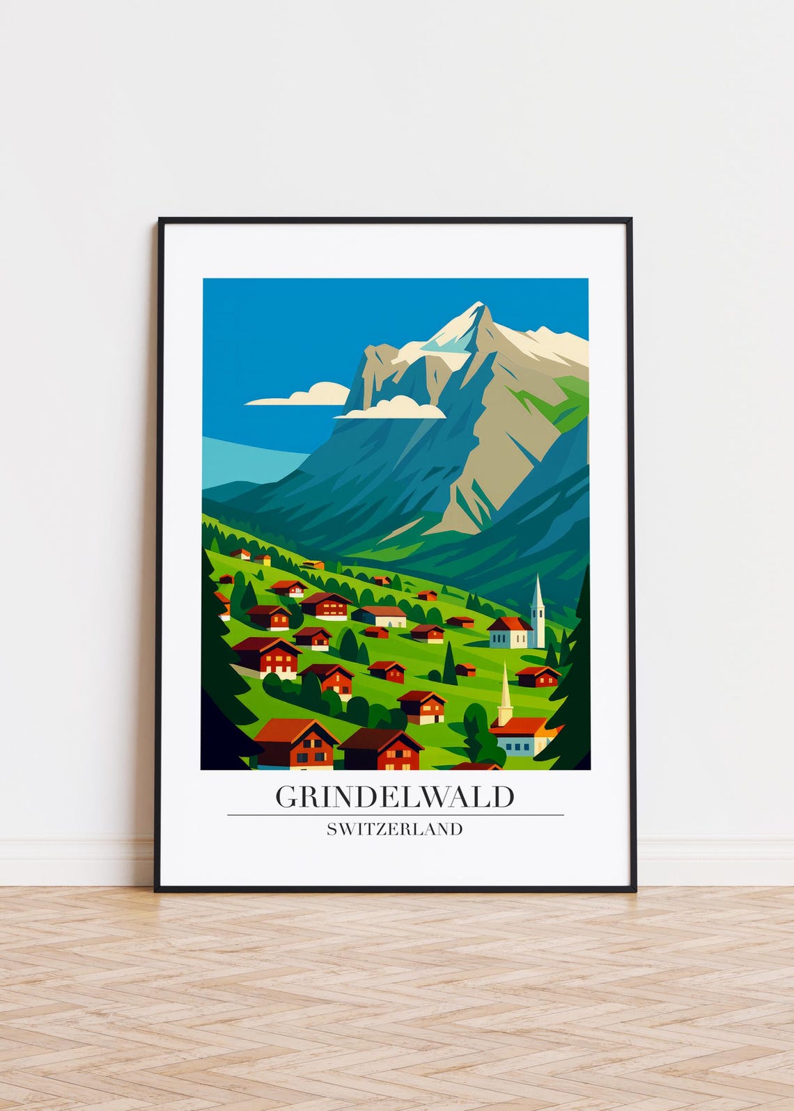 Grindelwald Switzerland Chalet Village Beneath Towering Peak Poster