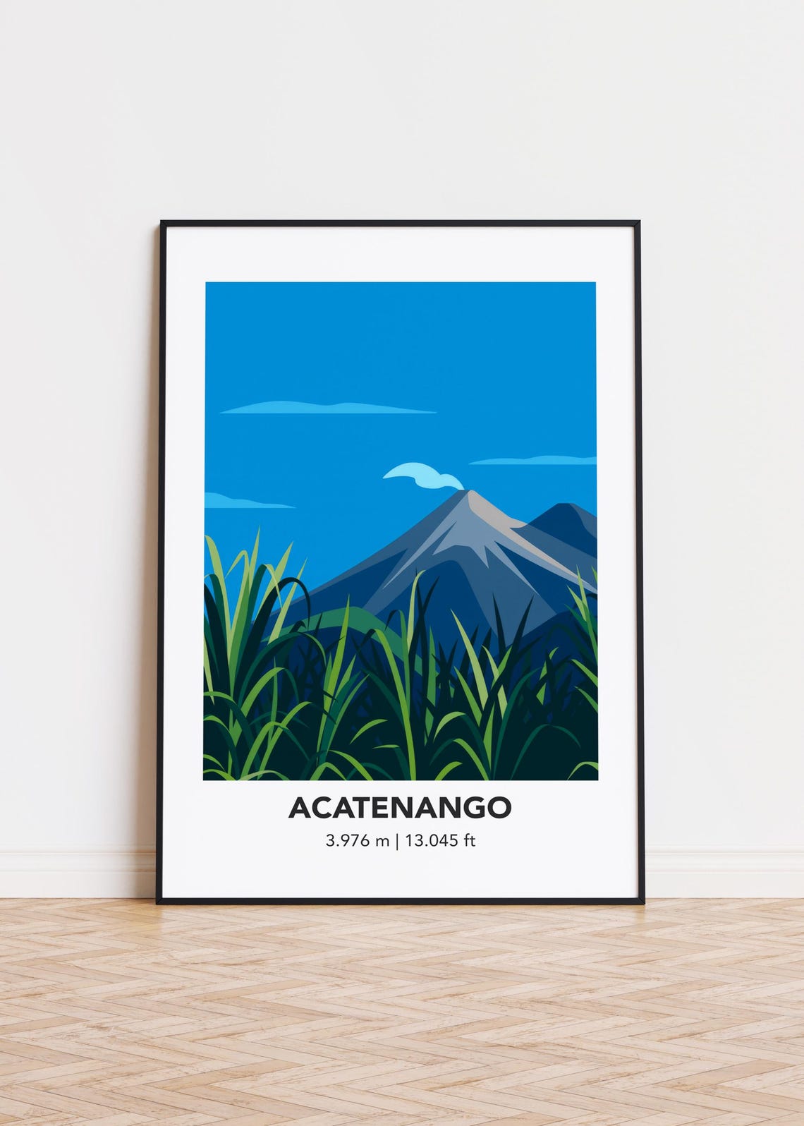 Acatenango Volcano Travel Illustration Blue Sky Scenic Poster