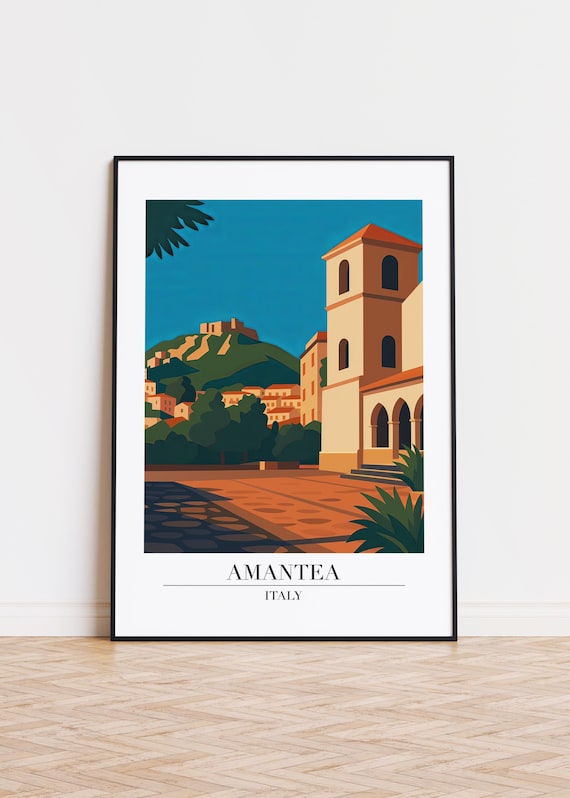 Amantea Italy Modern Travel Poster with Historic Tower and Hillside Castle