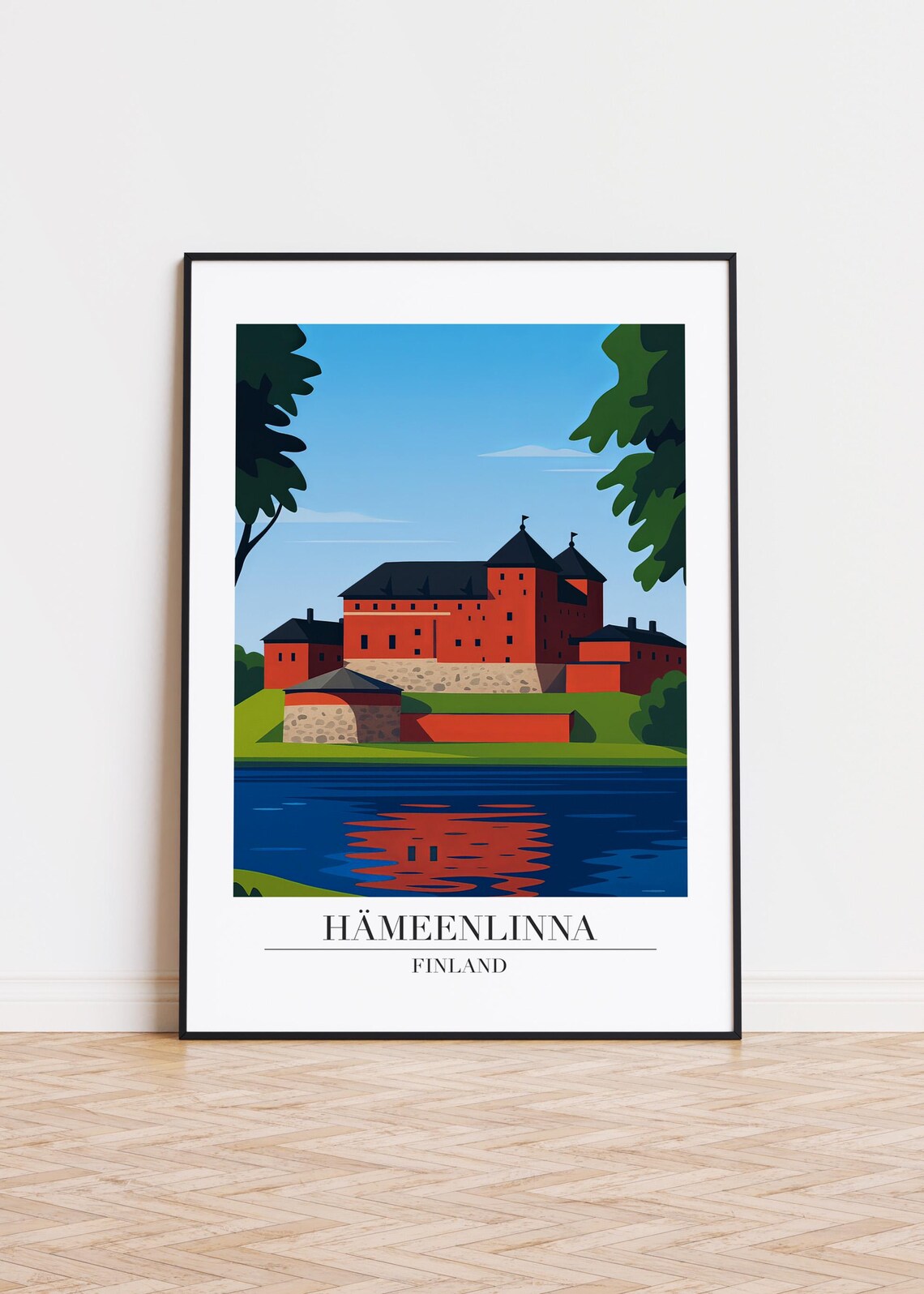 Hameenlinna Finland Red Brick Castle by the Lake Travel Poster