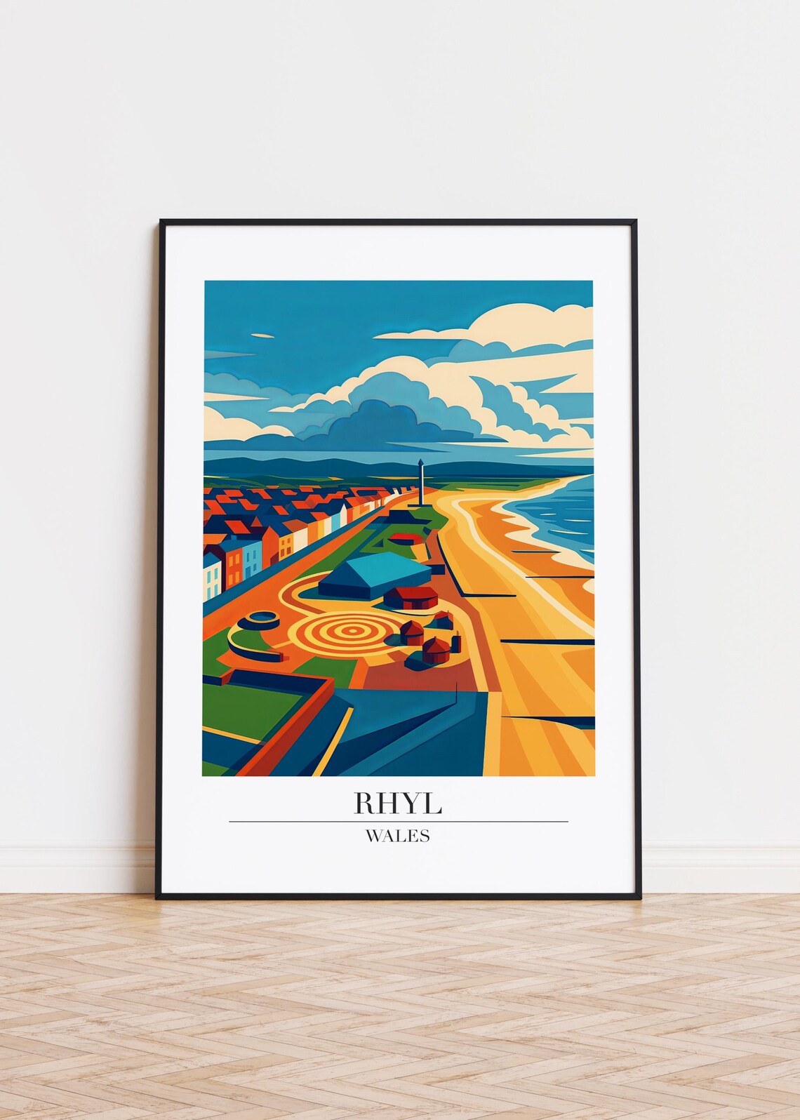 Rhyl Wales Beach Poster Colorful Seaside Promenade Retro Travel Art
