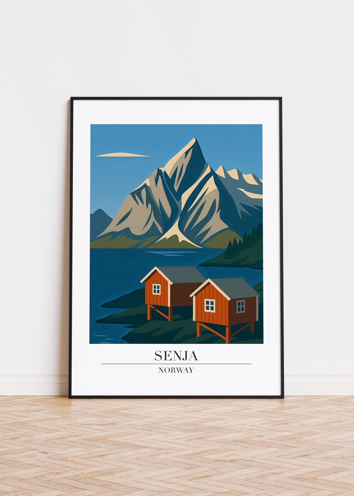 Senja Norway Red Stilt Cabins Fjord Mountain Scandinavian Travel Poster