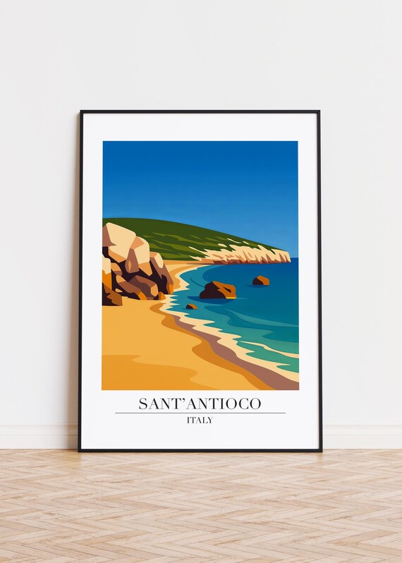 Sant'Antioco Italy Travel Poster Golden Beach Turquoise Sea View