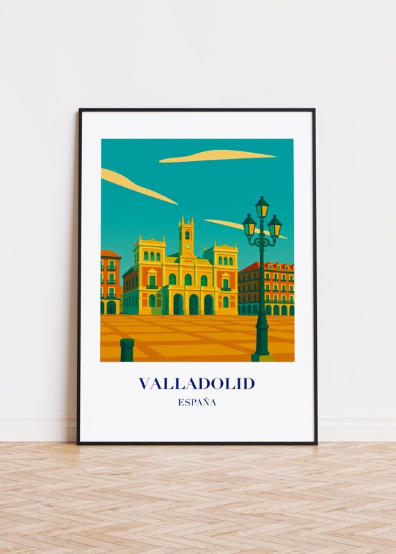 Valladolid España Sunlit Town Hall Plaza Illustrated Travel Poster
