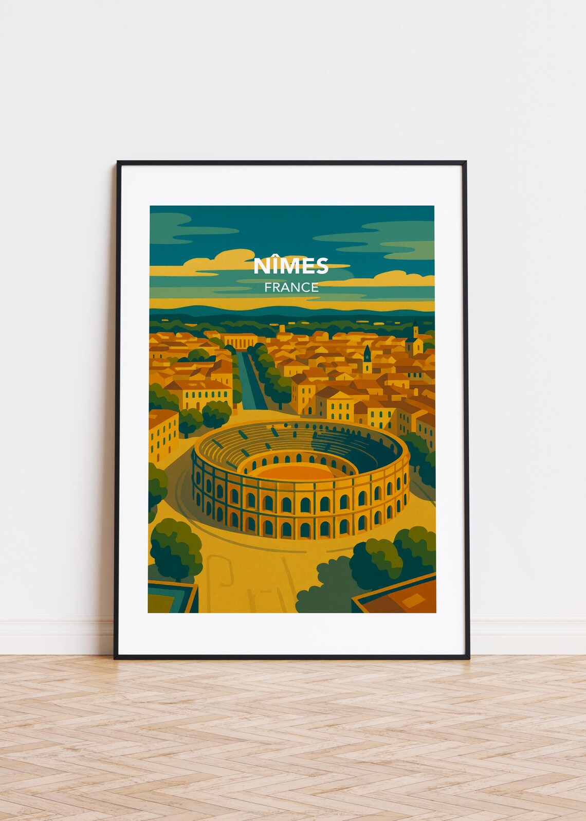 Nimes France Ancient Roman Arena Golden Retro Travel Art Poster