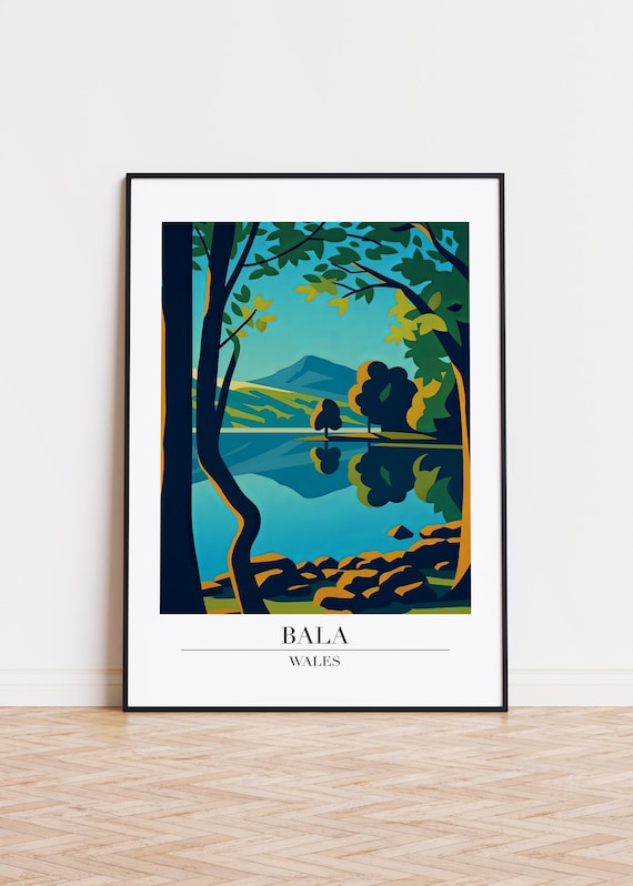 Bala Wales Tranquil Lake Mountain View Trees Modern Travel Poster Art