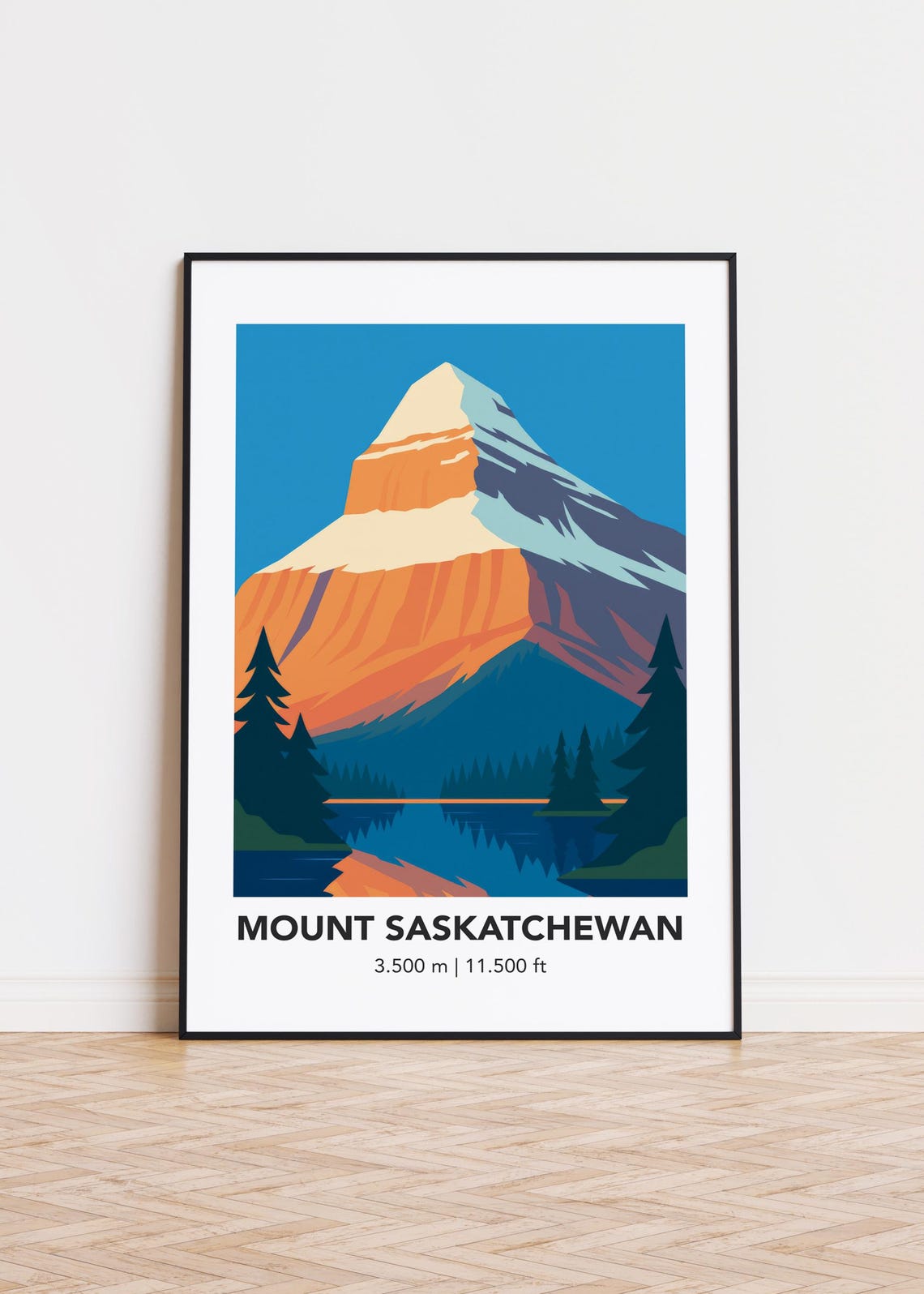 Mount Saskatchewan 3500m Orange Peak Lake Reflection Art Poster