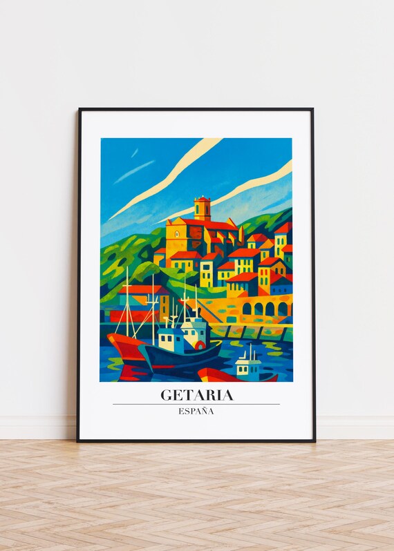Getaria Spain Vibrant Fishing Harbor Boats Church Scene Poster