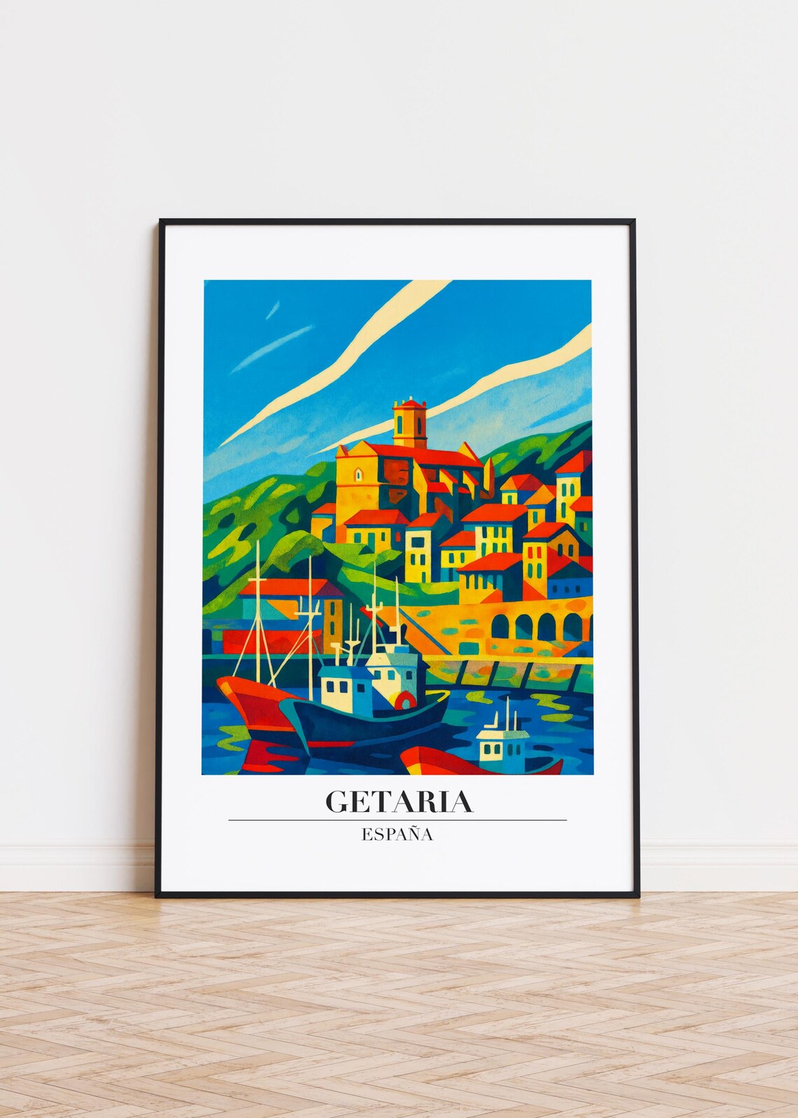 Getaria Spain Vibrant Fishing Harbor Boats Church Scene Poster